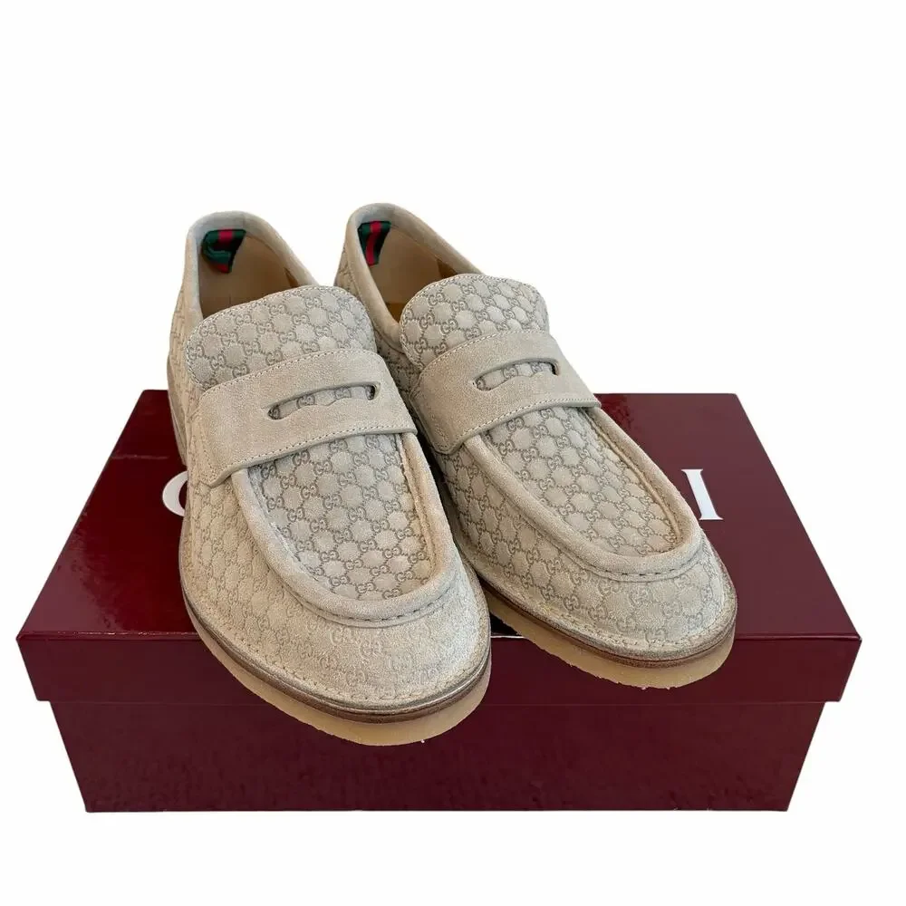 Gucci Web GG Monogram Suede Loafers Beige 831289 Mens 11.5 US 12 NEW